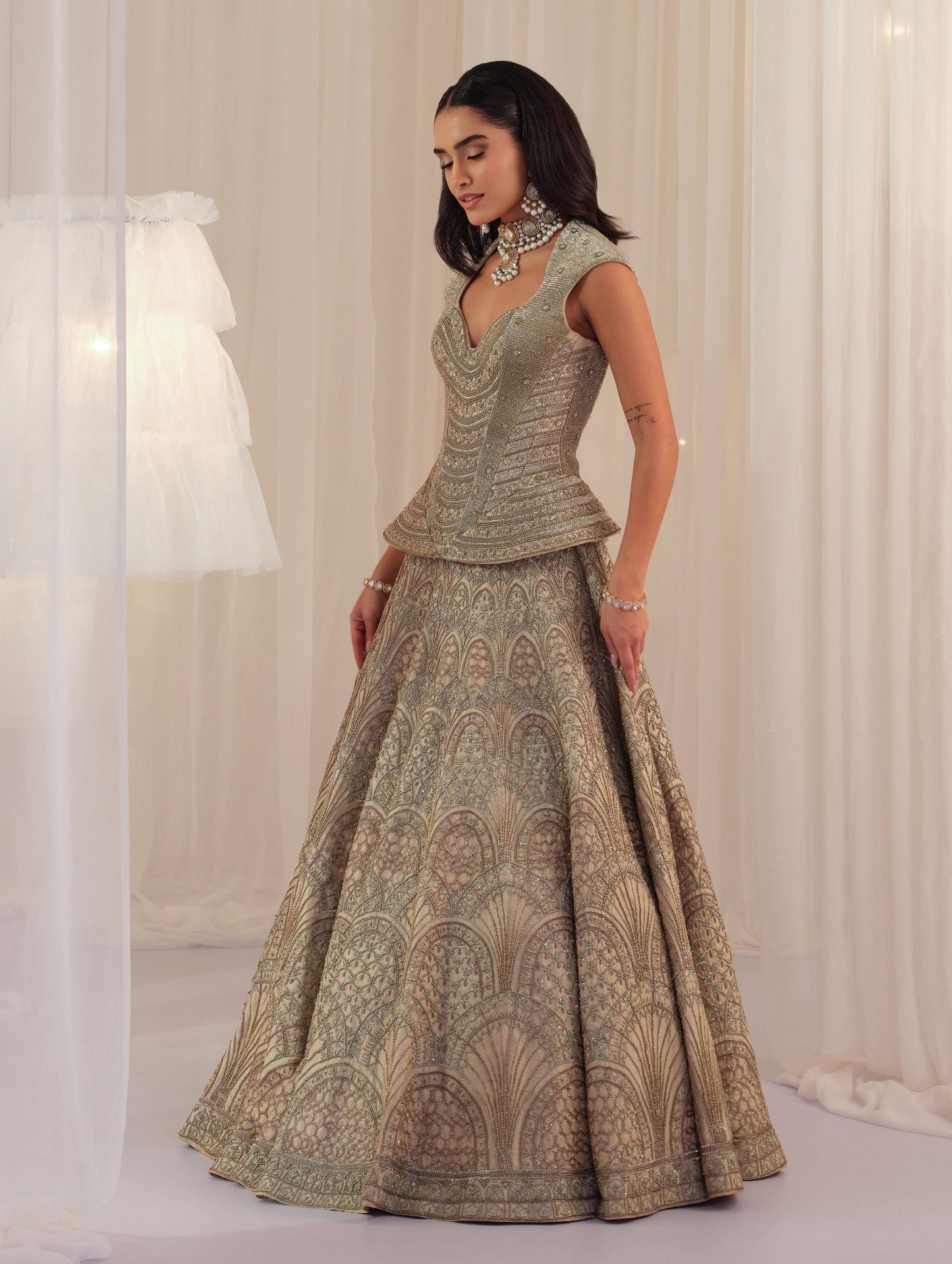 Ivory Empress Structured Corset With Lehenga & Dupatta