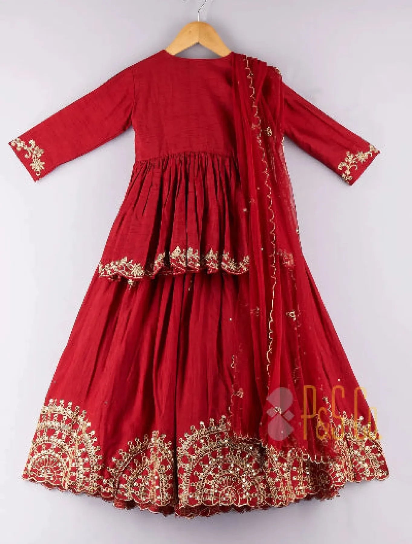 Maroon Silk Embroidered Peplum Top & Lehenga Set