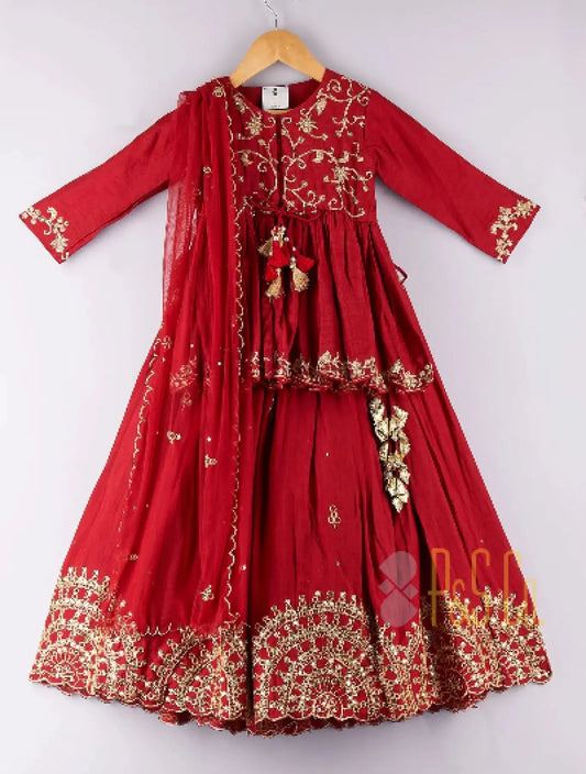 Maroon Silk Embroidered Peplum Top & Lehenga Set