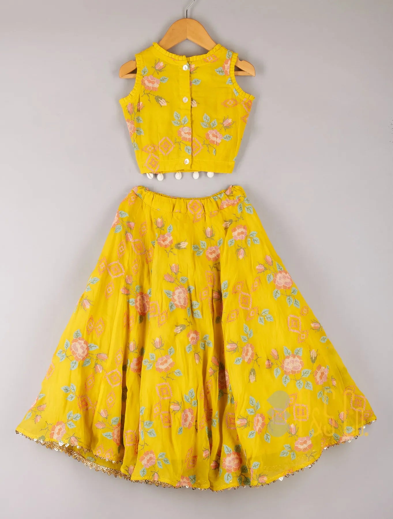 Multi Colour Floral Cross Stitched Embroidery Yellow Top And Lehenga