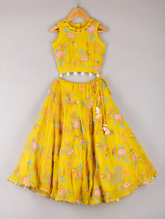 Multi Colour Floral Cross Stitched Embroidery Yellow Top And Lehenga