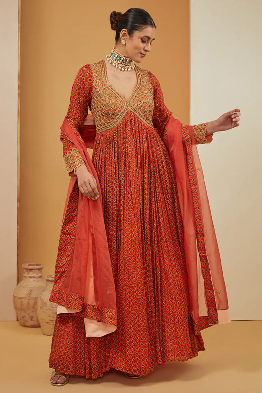 PRINTED RUST ANARKALI SET