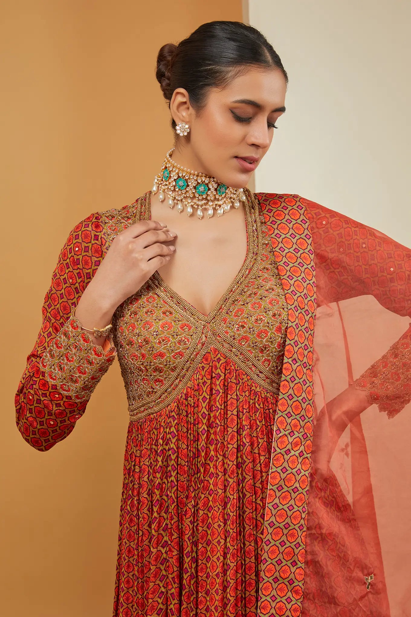 PRINTED RUST ANARKALI SET