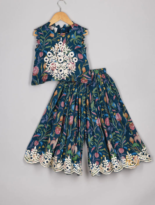 Navy Blue Printed Gota Top and Pant