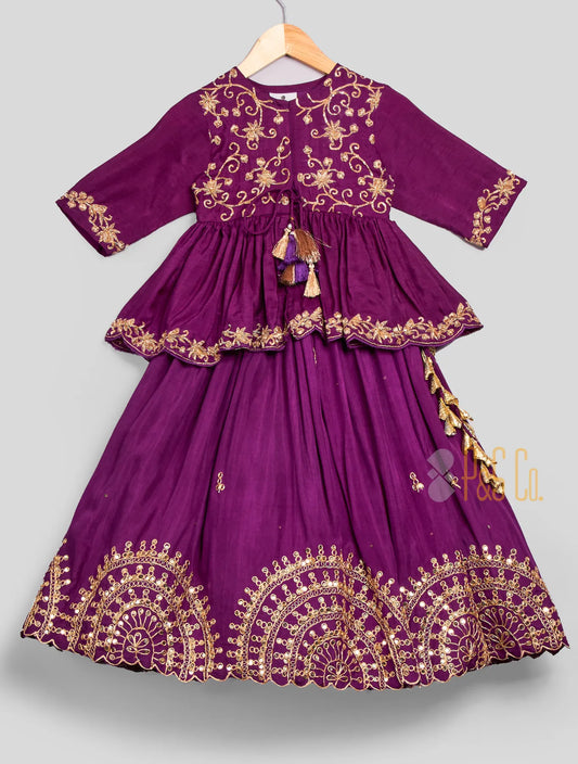Purple Silk Embroidered Peplum Top & Lehenga Set