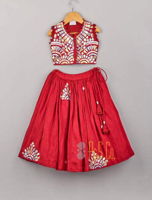 Red Abhla Work And Multi Colour Threadwork Top With Lehenga