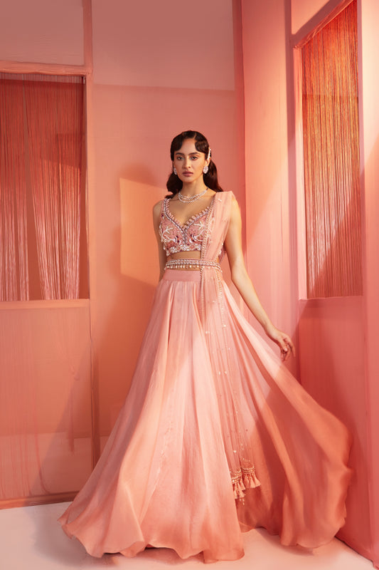 DUSTY PINK BLOUSE AND ORGANZA LEHENGA SET