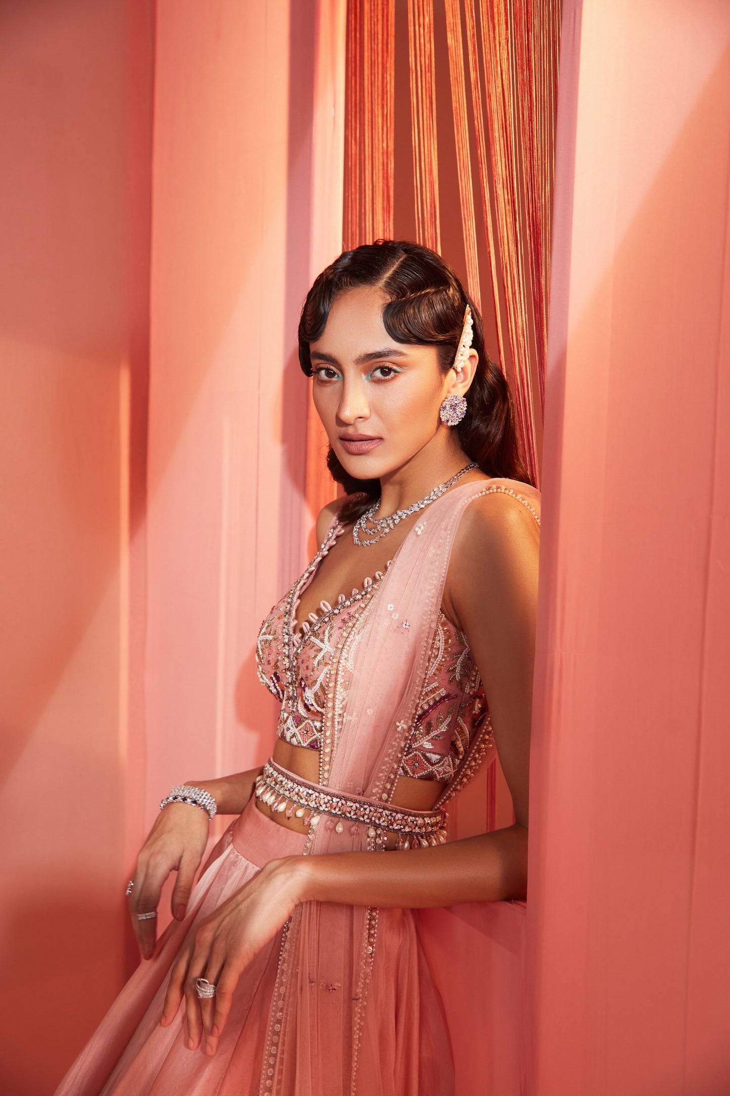 DUSTY PINK BLOUSE AND ORGANZA LEHENGA SET