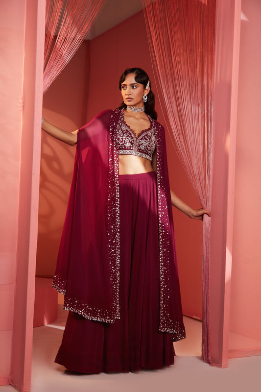 PLUM CAPE BLOUSE AND PALAZZO SET