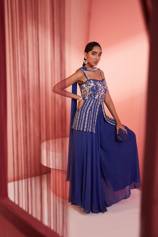 INK BLUE PEPLUM AND PALAZZO SET