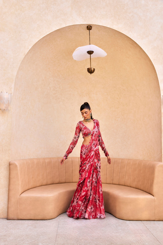 RED FLORAL PRINT RUFFLE SAREE