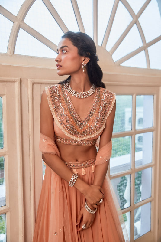 ROSE GOLD LEHENGA WITH BOHO BLOUSE AND DUPATTA SET