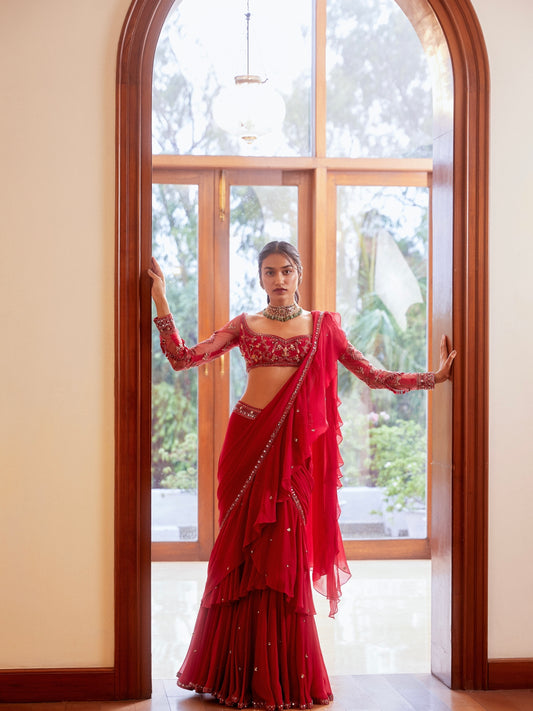 FUCHSIA PRE-STITCHED RUFFLE SAREE WITH BLOUSE