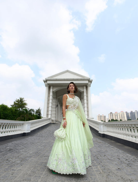GREEN RAW SILK LEHENGA