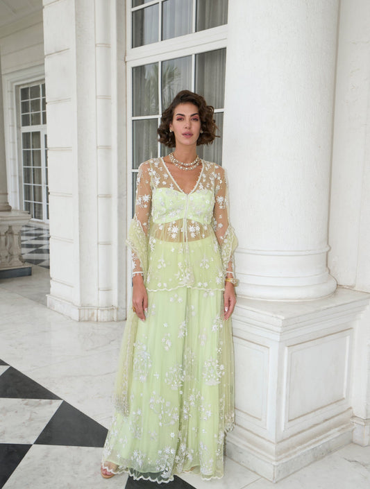 LIME GREEN NET PEPLUM SHARARA SET