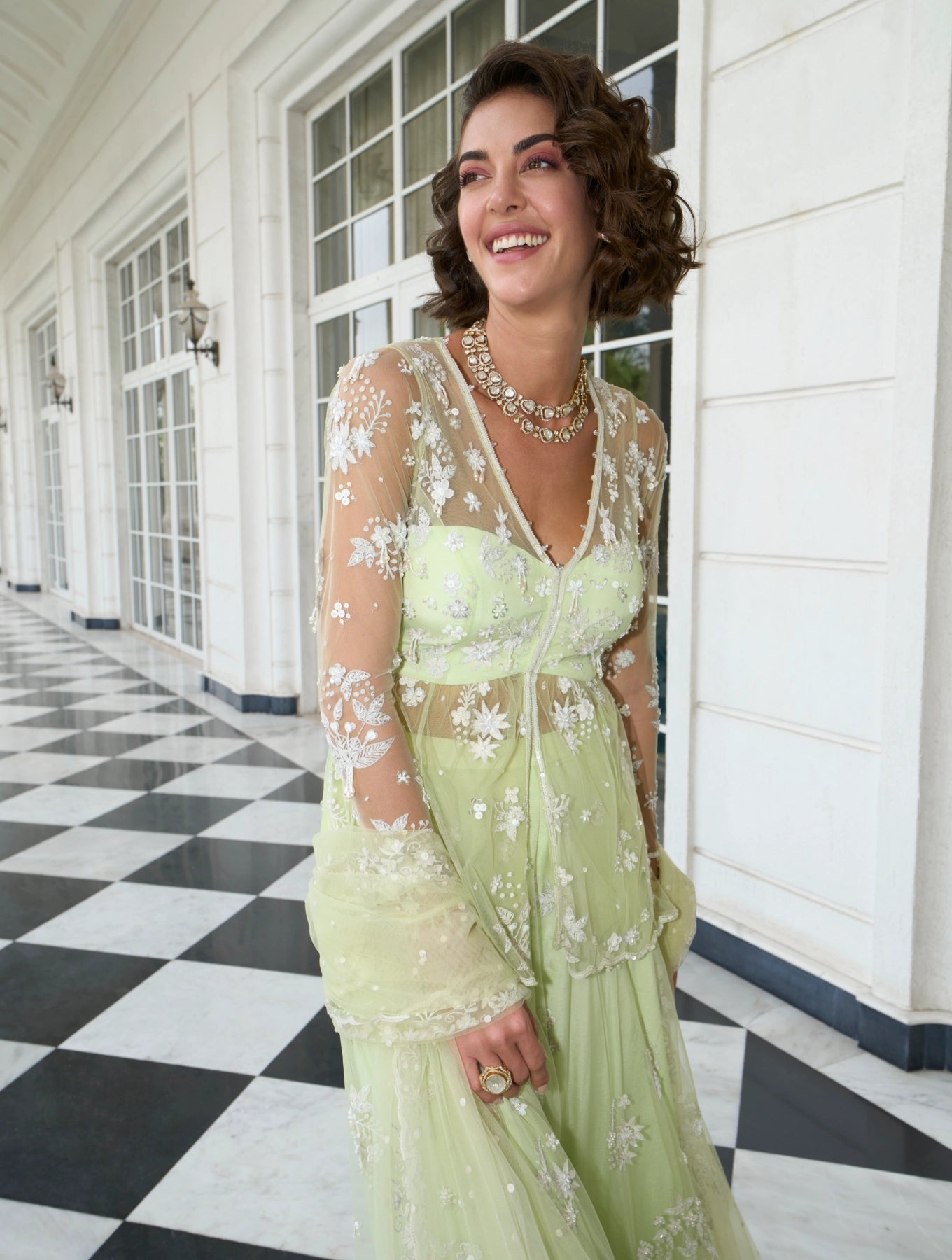 LIME GREEN NET PEPLUM SHARARA SET