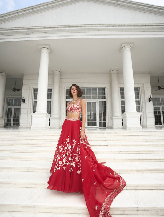 RED ORGANZA LEHENGA