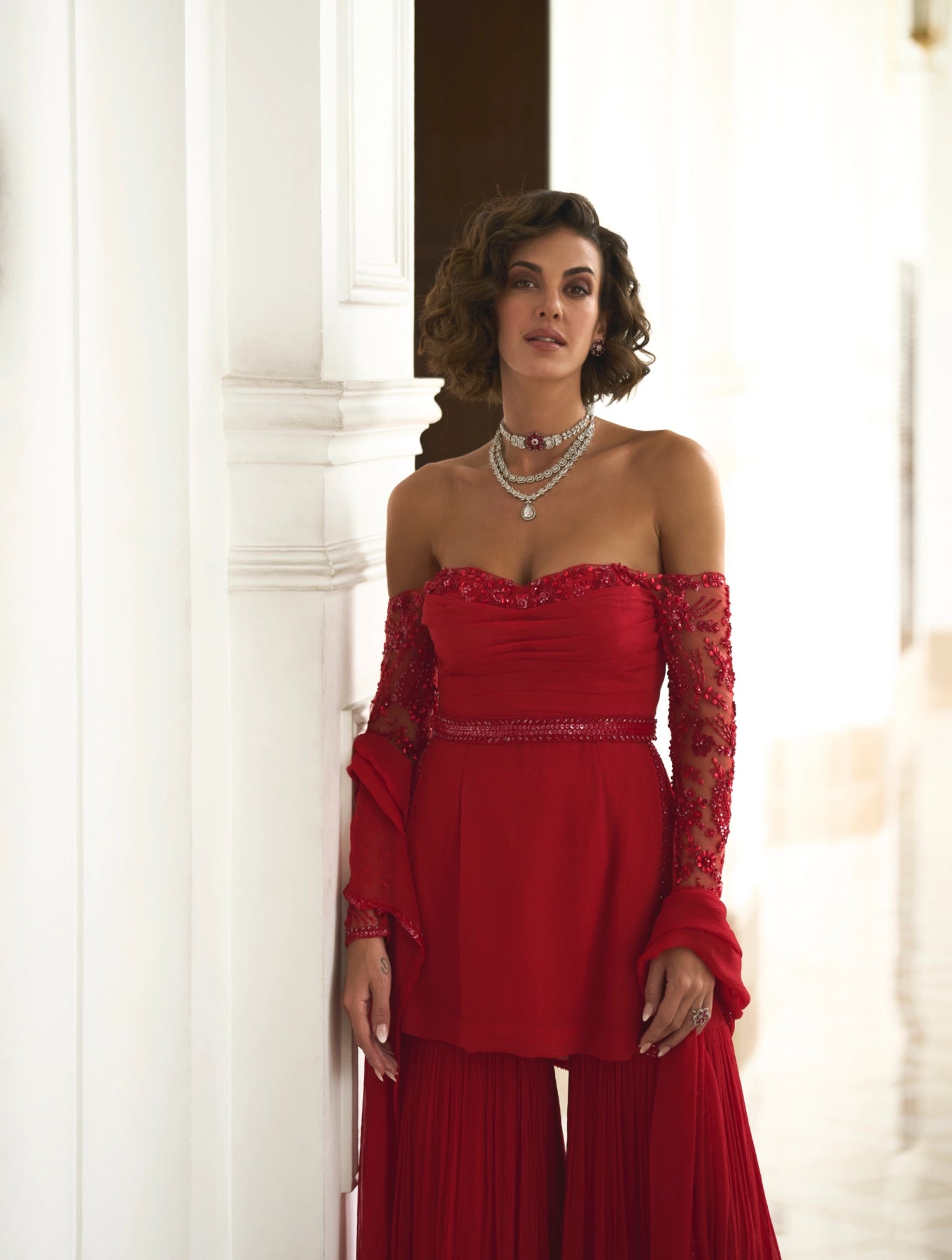 RED OFF SHOULDER TOP AND SHARARA