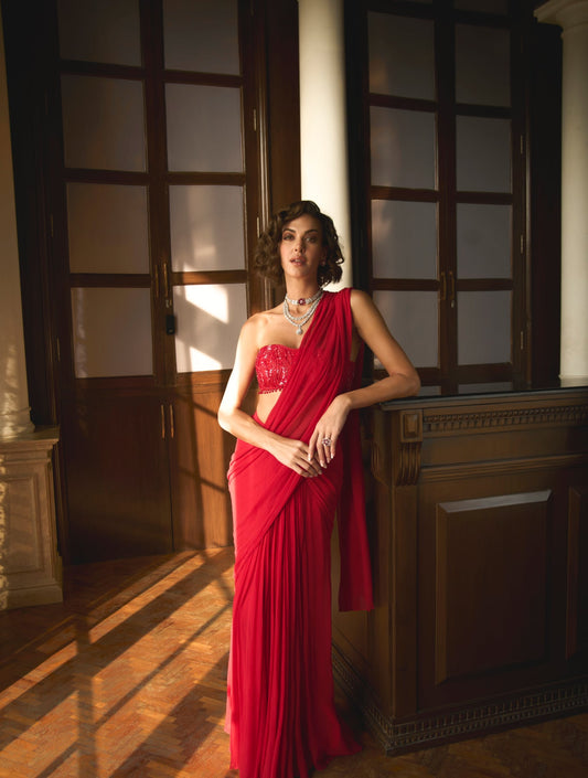 RED BUSTIER AND CORSET SAREE