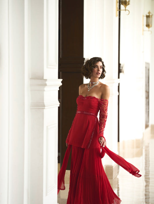 RED OFF SHOULDER TOP AND SHARARA