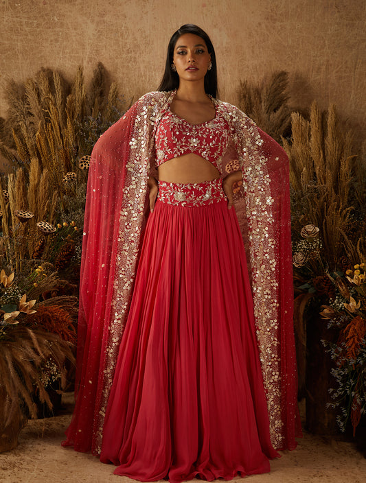 Coral Georgette Embellished Lehenga Set