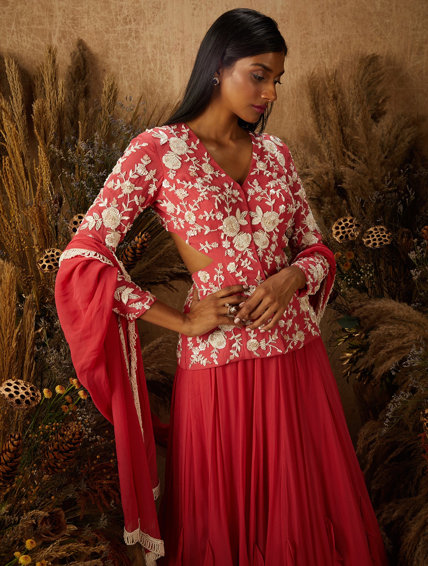 Coral Georgette Ruffled Embellished Jacket Lehenga Set