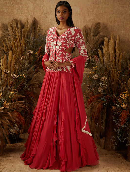 Coral Georgette Ruffled Embellished Jacket Lehenga Set