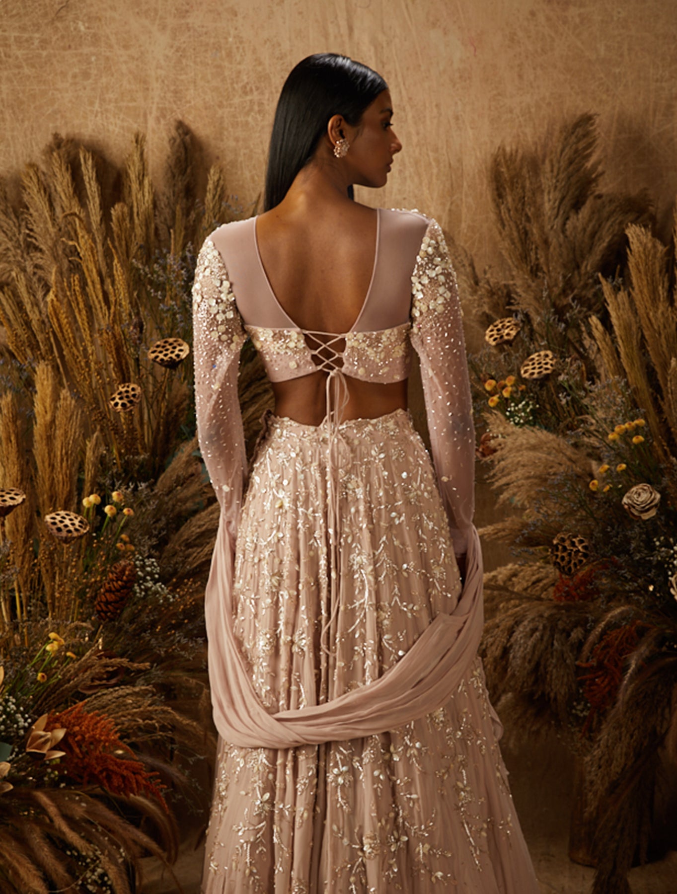 Dusty Pink Georgette Embellished Lehenga Set