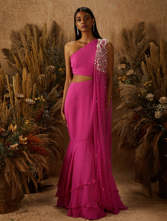 Hot Pink Georgette Cut-Out Gown