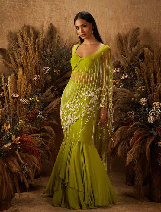 Light Green Crepe & Net Embellished Skirt Set