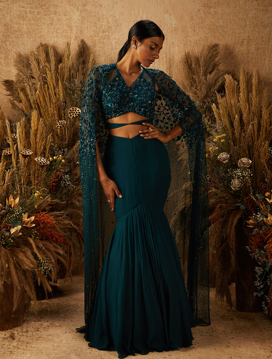 Dark Green Net Embellished Cape Set