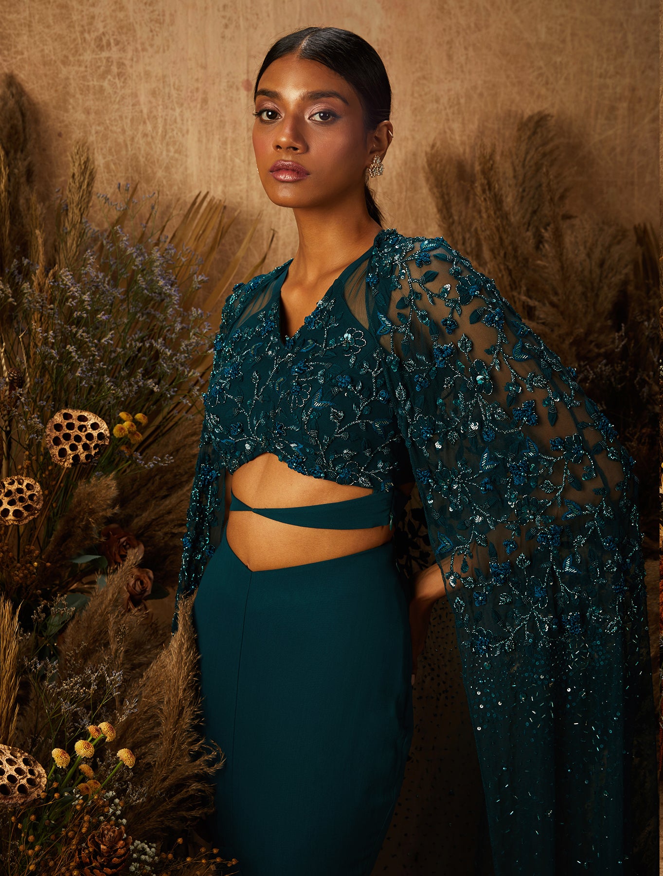 Dark Green Net Embellished Cape Set