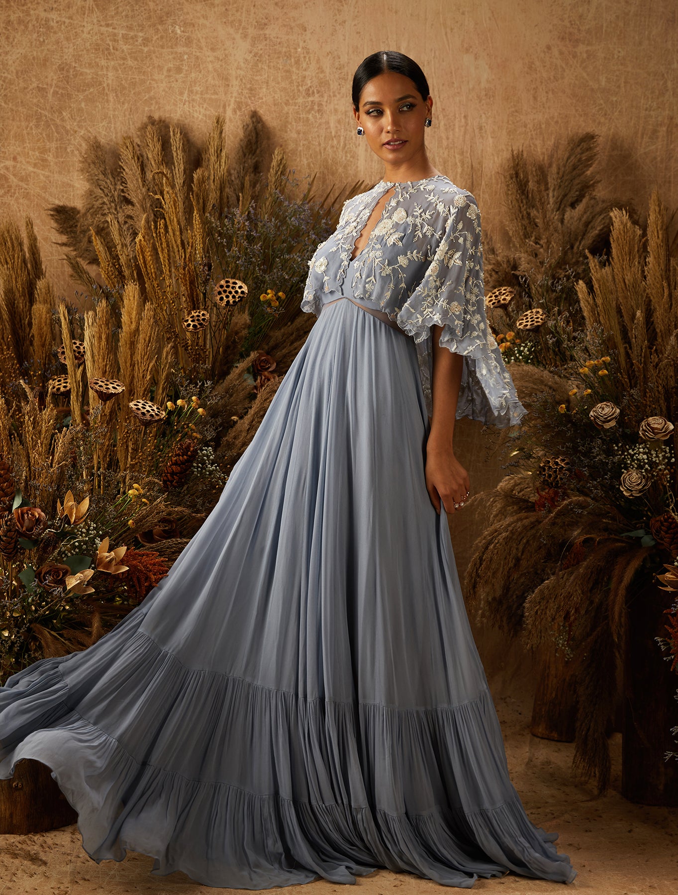 Dusty Blue Georgette Gown With Cape