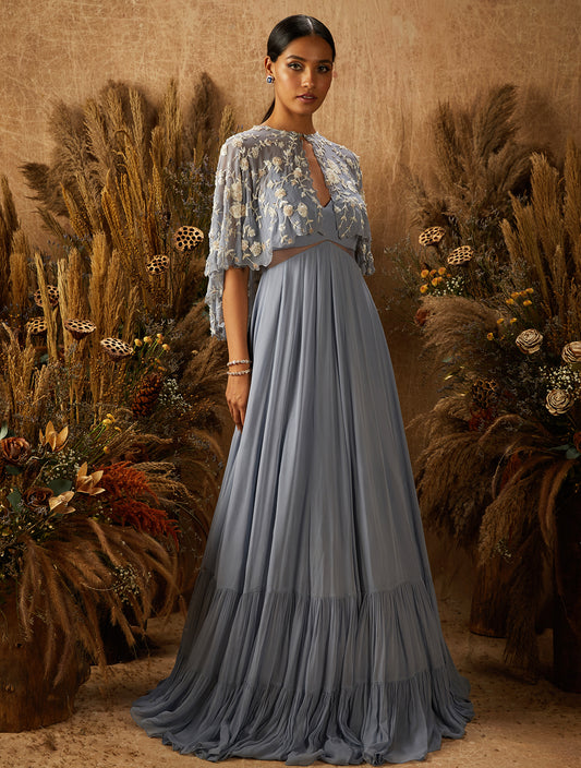 Dusty Blue Georgette Gown With Cape