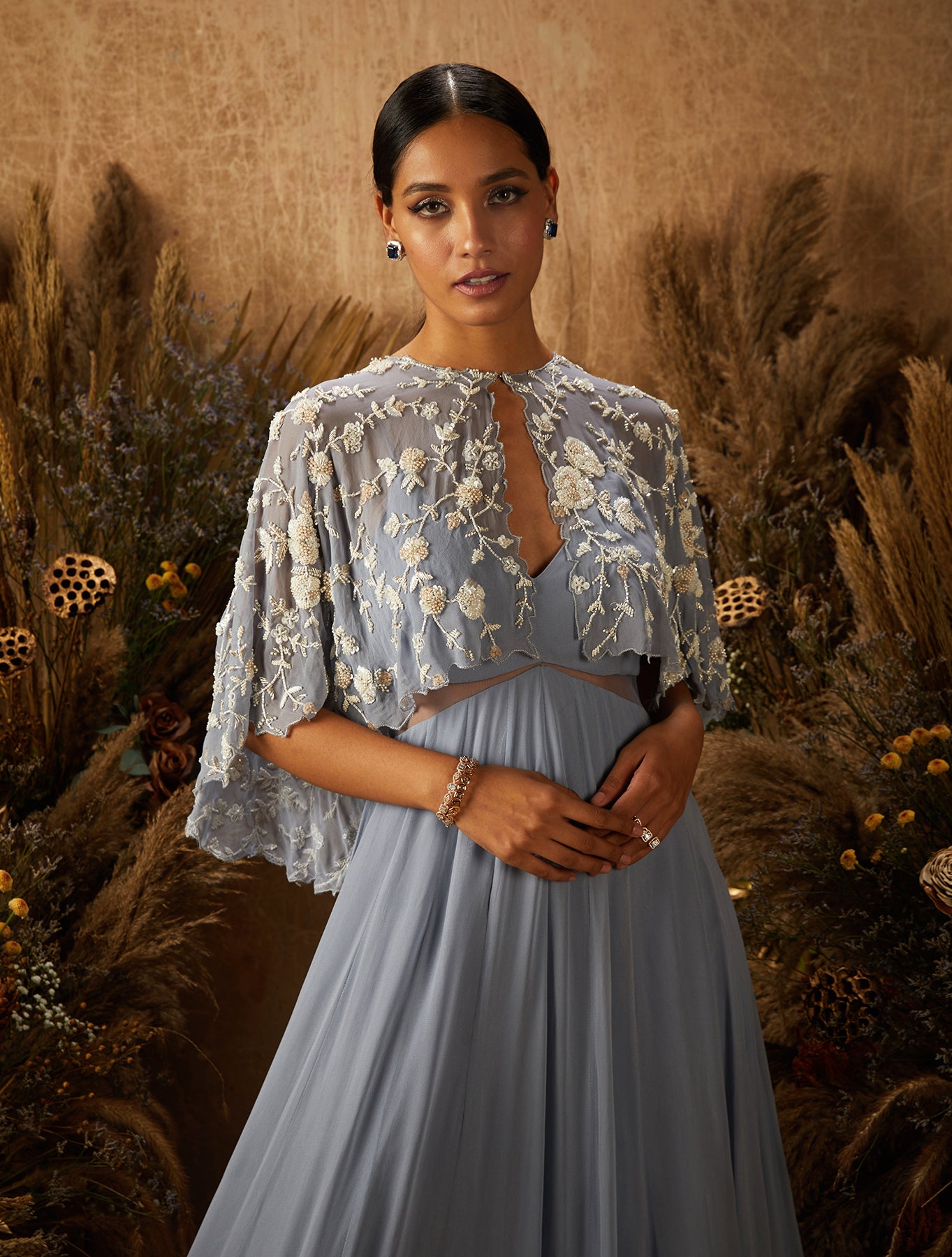 Dusty Blue Georgette Gown With Cape