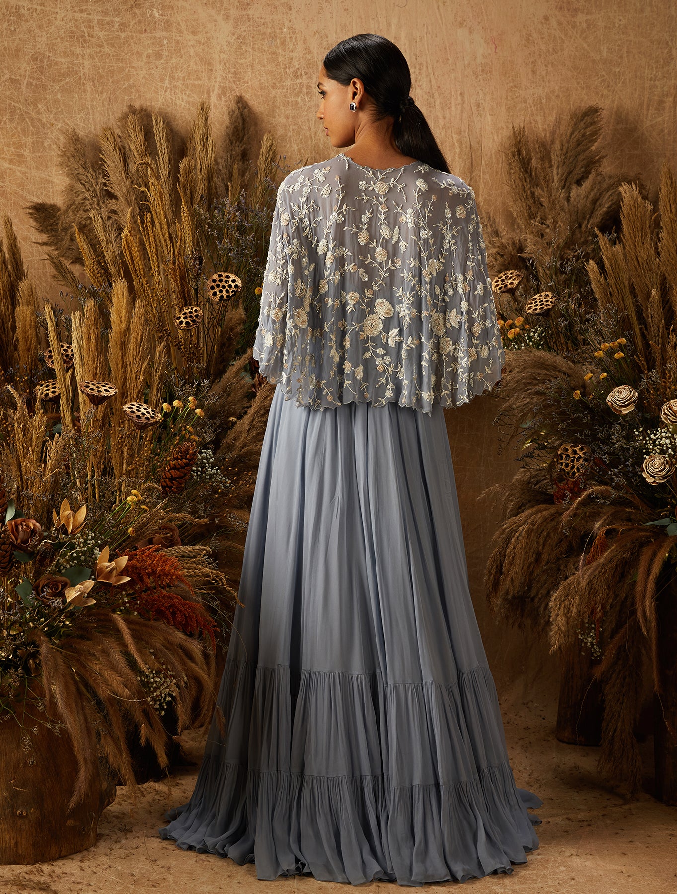 Dusty Blue Georgette Gown With Cape