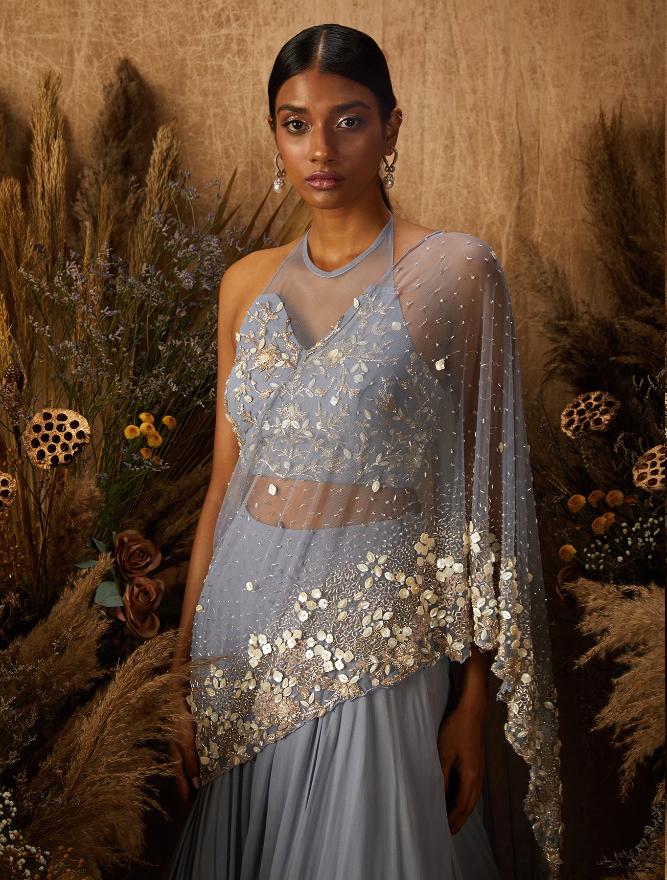 Dusty Blue Georgette Embellished Lehenga Set