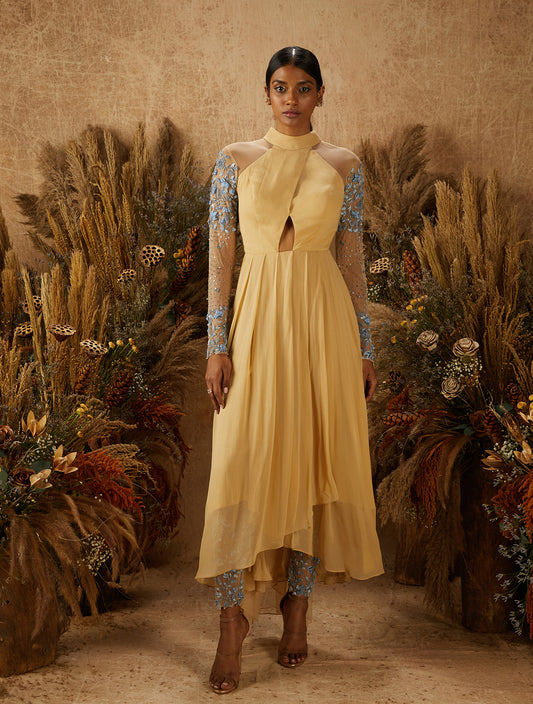 Beige Georgette Overlap Embellished Kurta Set