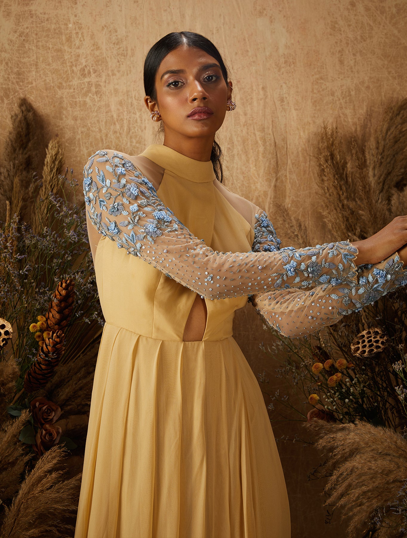 Beige Georgette Overlap Embellished Kurta Set