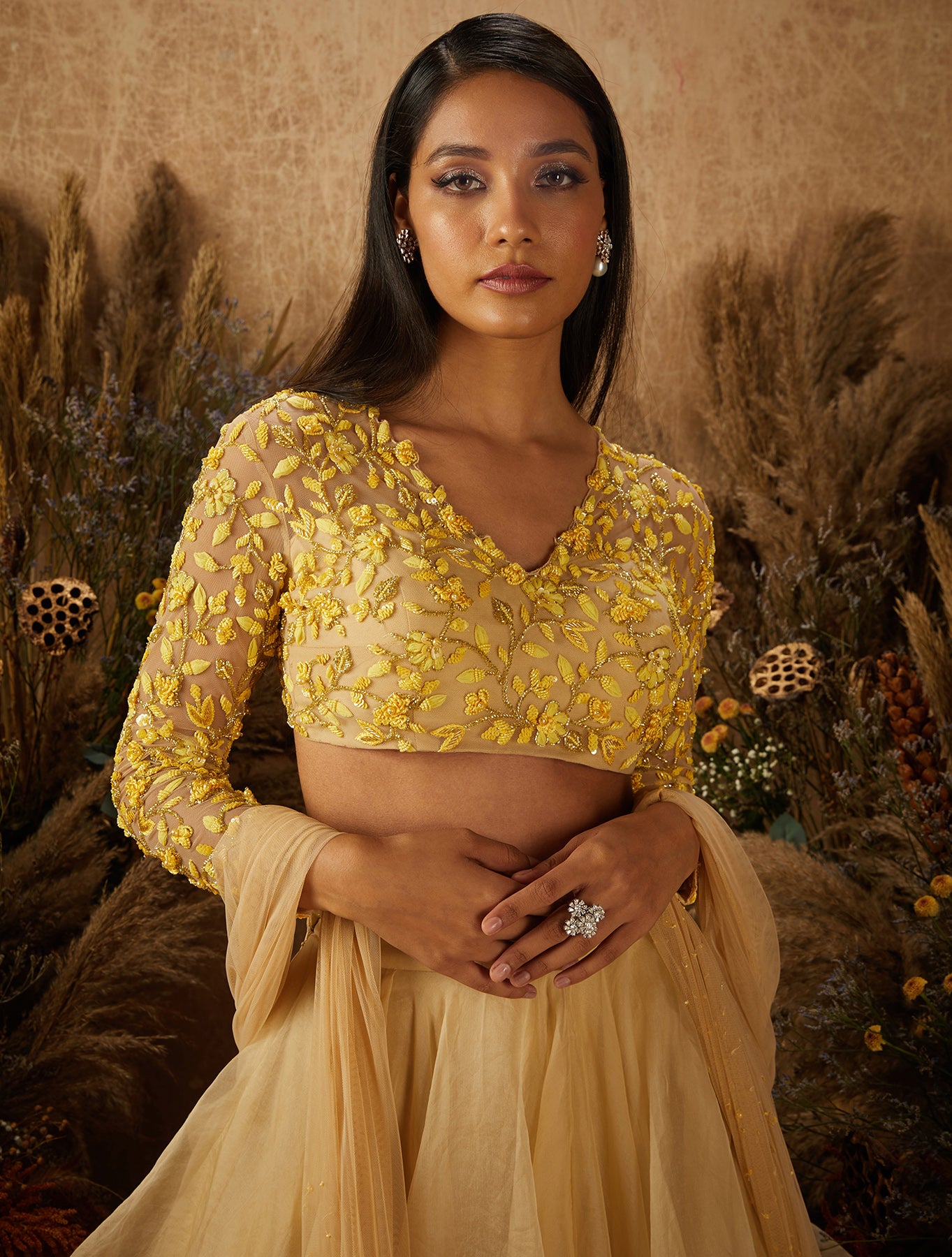 Beige Organza Layered Lehenga Set