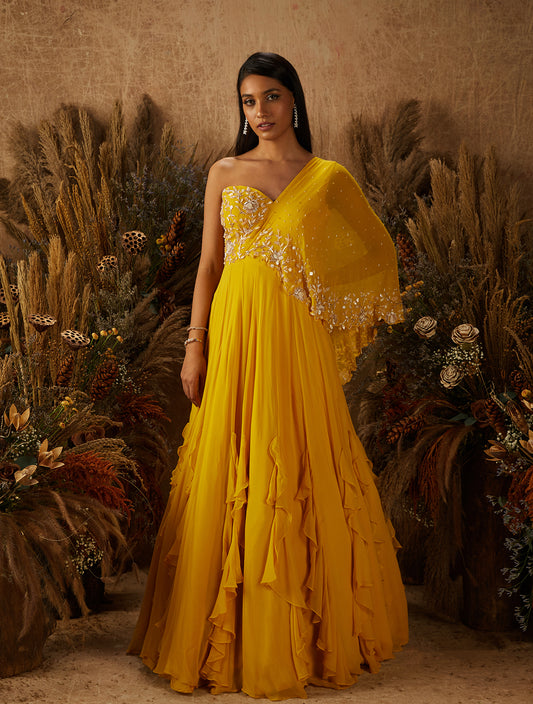 Yellow Georgette Embroidered Anarkali