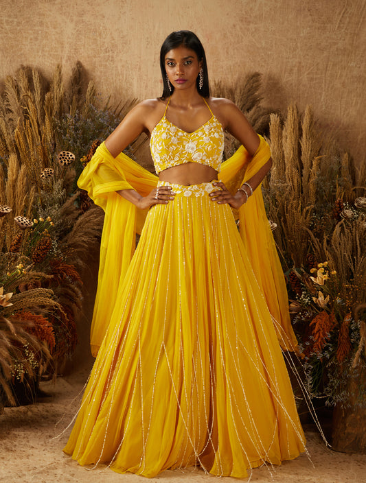 Yellow Georgette Embellished Lehenga Set