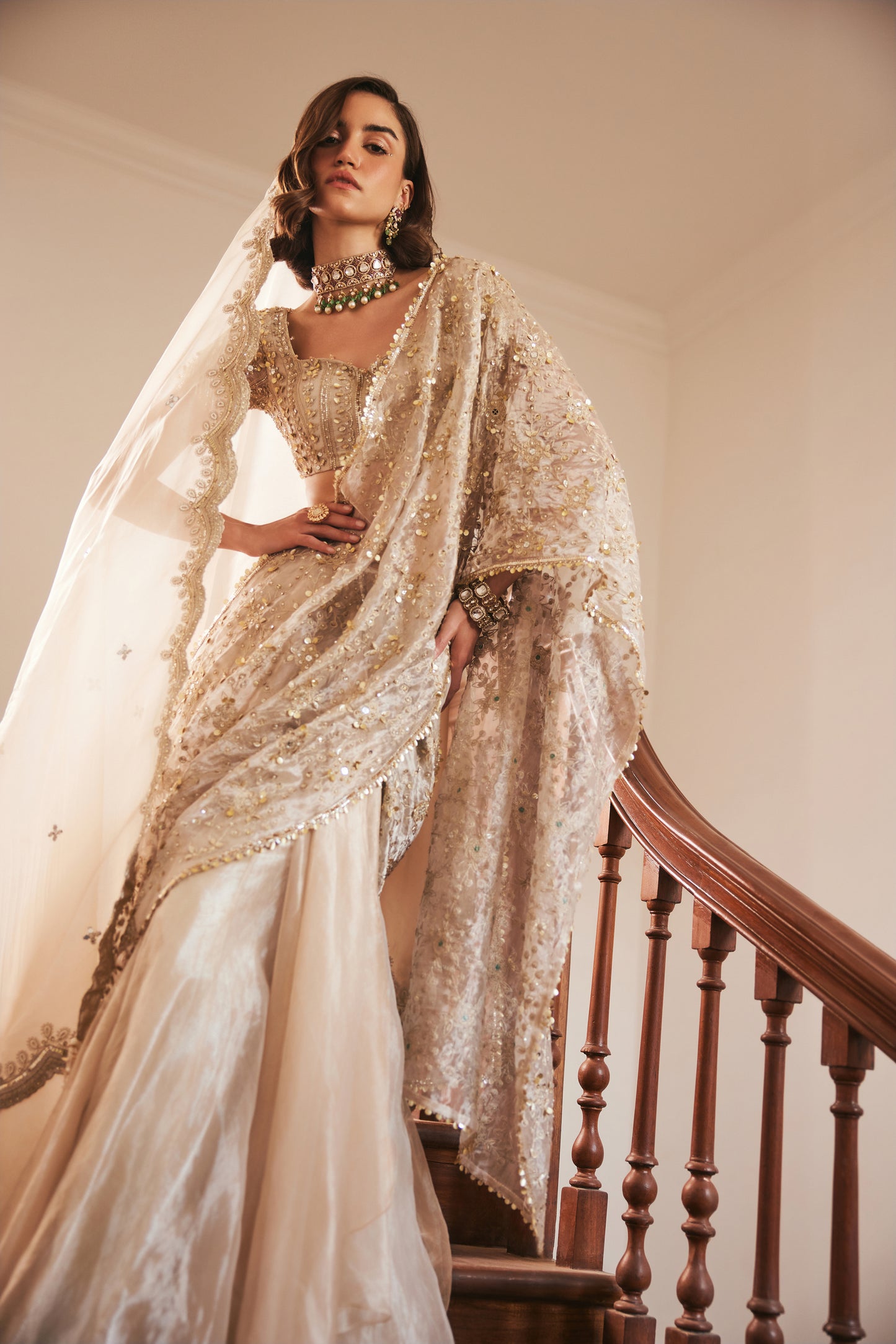 Tissue Pre Drape Saree With Veil