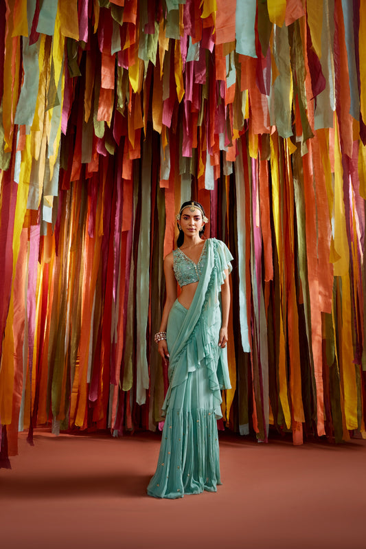 MINT GREEN RUFFLE SAREE