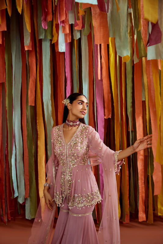 MAUVE PEPLUM AND SHARARA SET