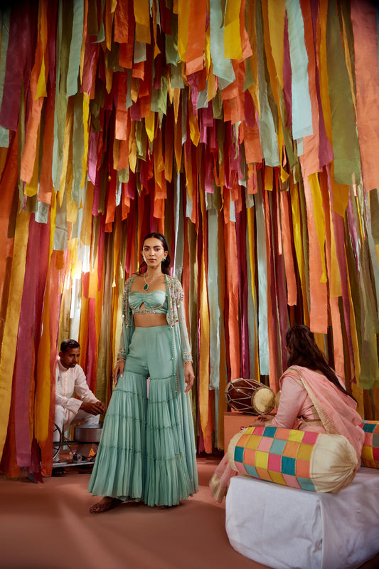 MINT GREEN CAPE AND SHARARA SET WITH CUT-OUT BUSTIER