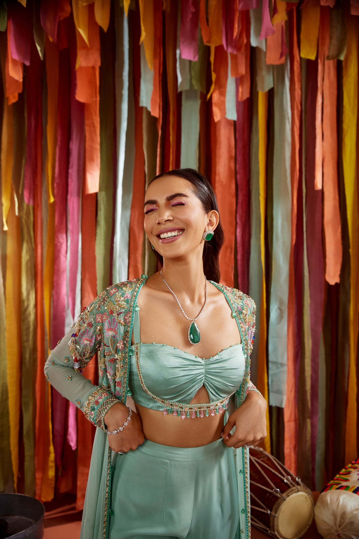 MINT GREEN CAPE AND SHARARA SET WITH CUT-OUT BUSTIER