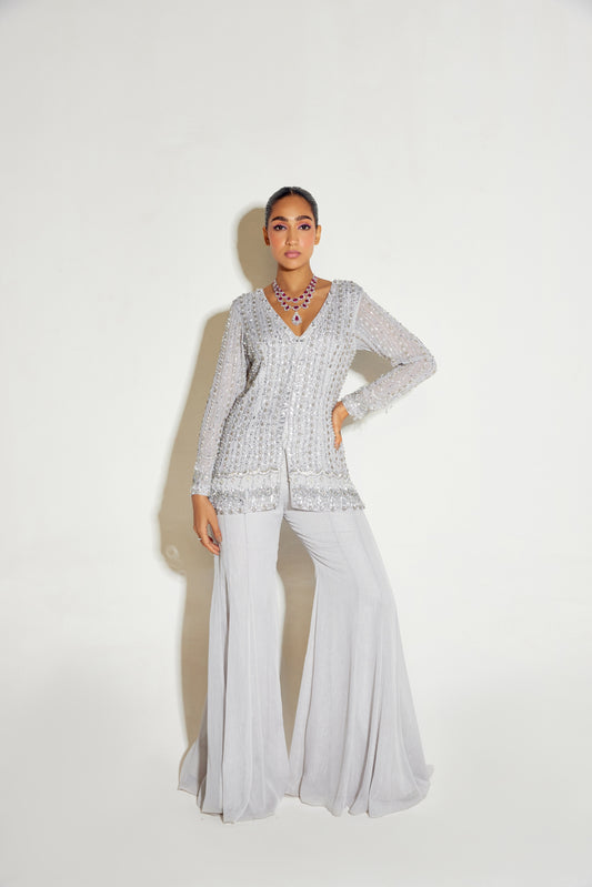 GREY TONAL KURTA AND FLARED PANTS SET