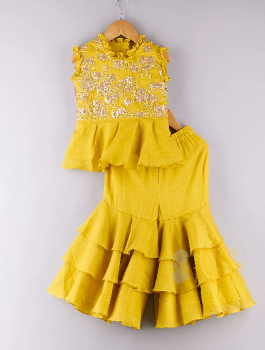 Sequence And Gota Flower Work Top And Layered Palazzo