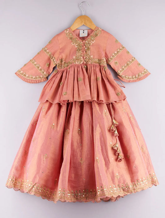 Sequence and zari work peach peplum top with embroidered lehenga
